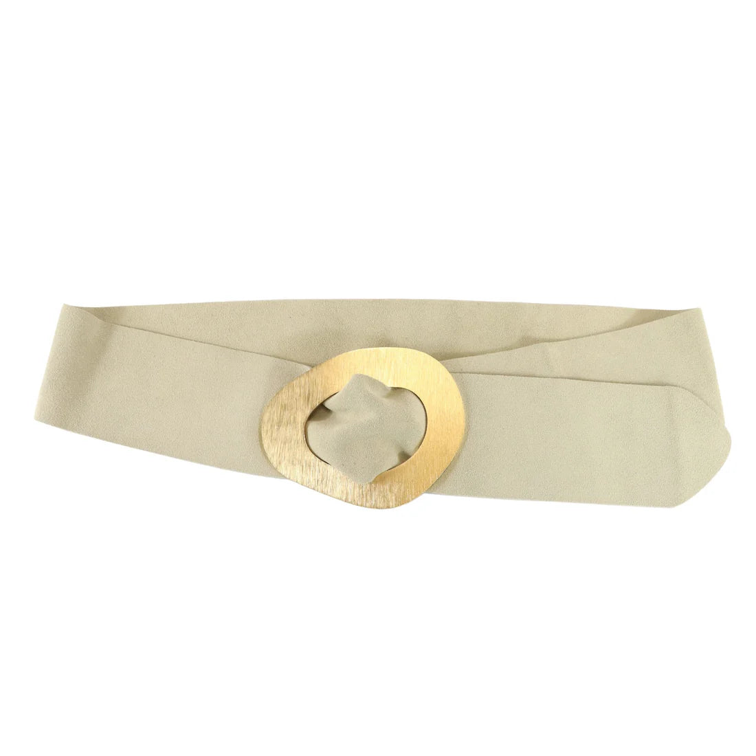 Beige belt with a gold circular buckle on a white background