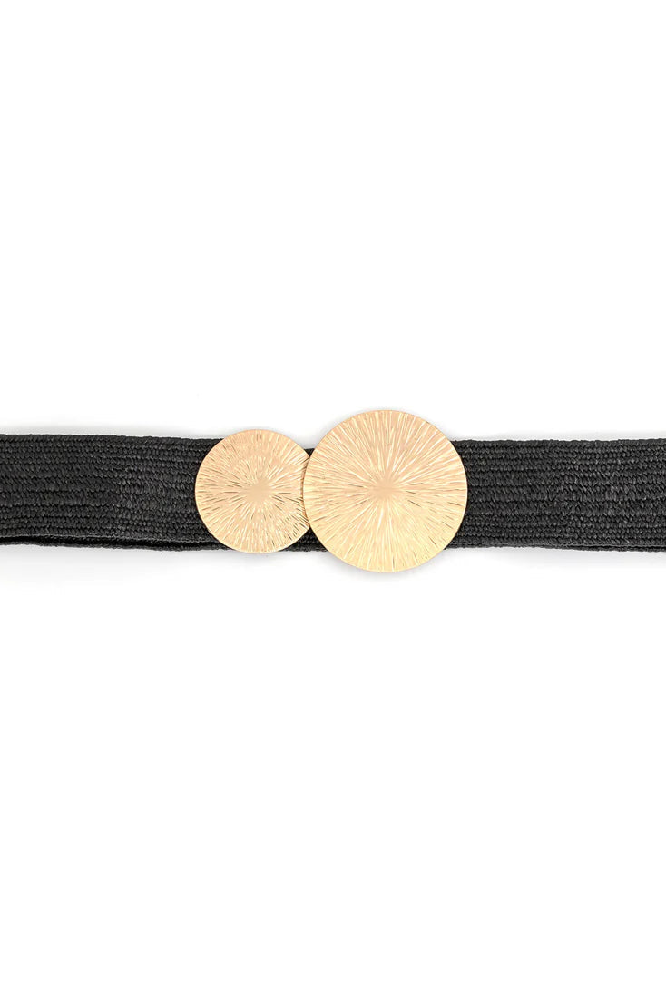 Black belt with gold circular buckles on a white background