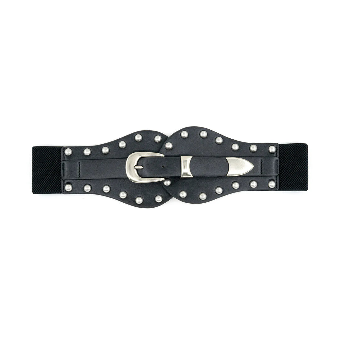 Black belt with silver studs and buckle on a white background
