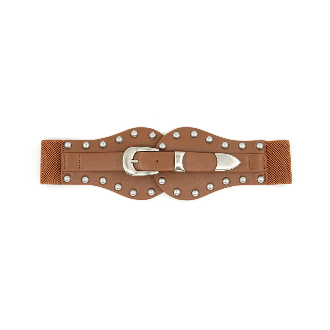 Brown belt with silver studs and buckle on a white background