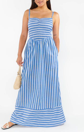 Back view showing striped pattern and maxi length