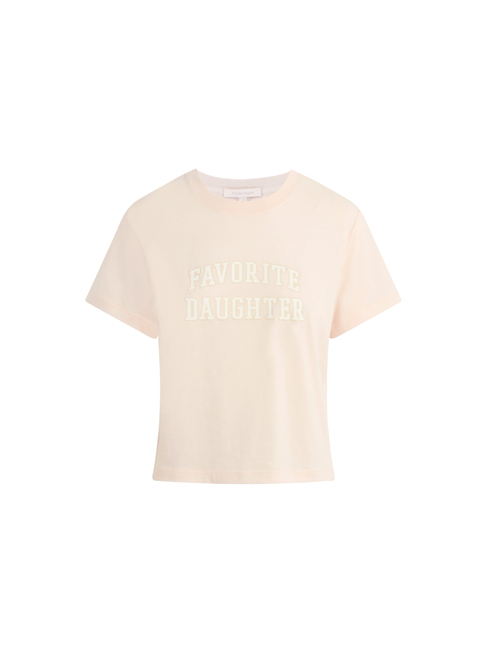 Beige t-shirt with 'FAVORITE DAUGHTER' text on a white background