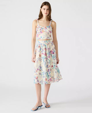 Carlynn skirt on hanger showing soft flowy fabric midi design