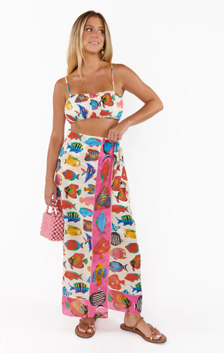 Cartagena top on hanger showing lightweight printed fabric design