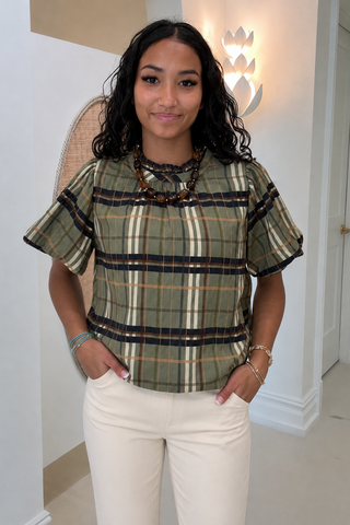 AUTUMN PLAID RUFFLE NECK TOP