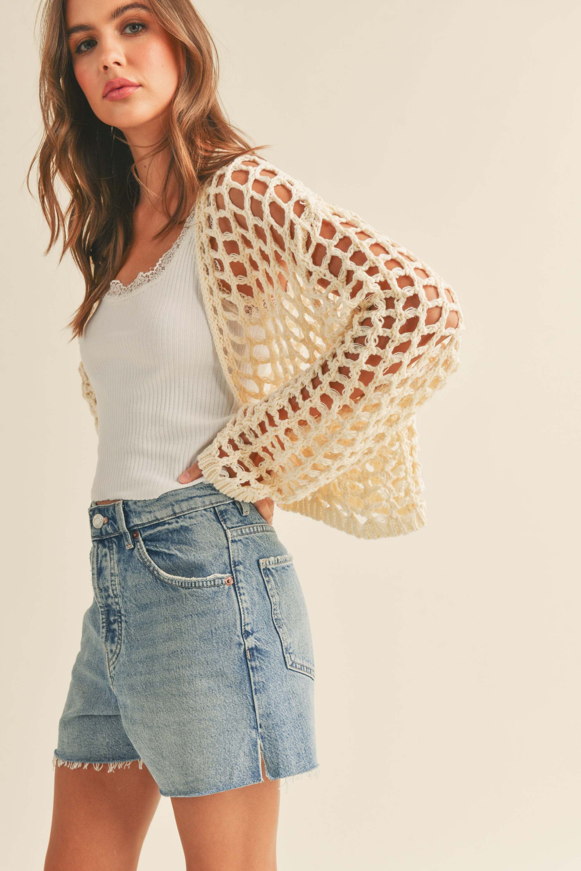 Crochet knit crop cardigan women's boho chic layering fashion STMT BOUTIQUE