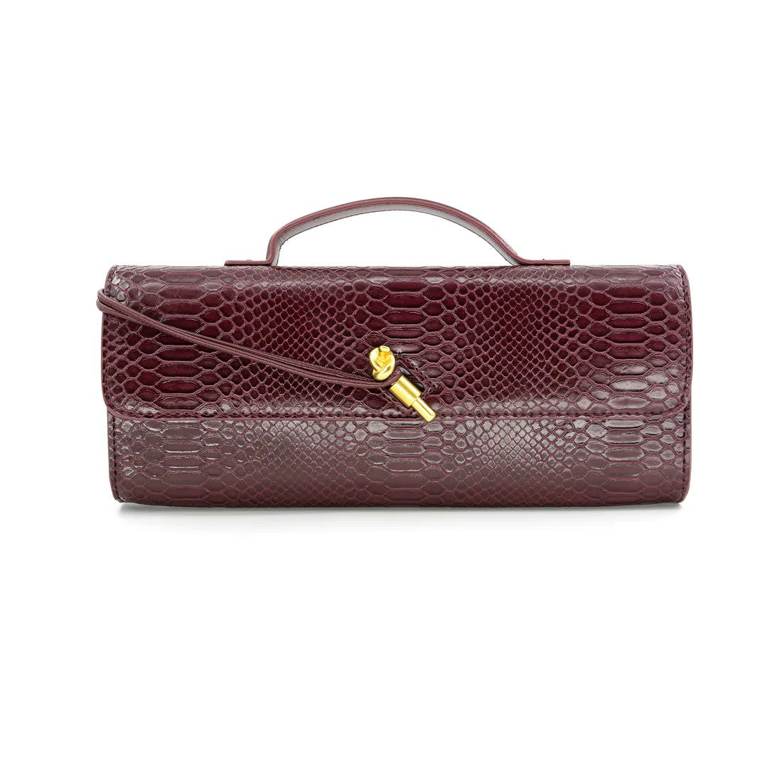 Maroon textured handbag with a gold clasp on a white background