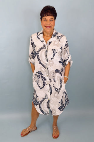 PAISLEY PRINT BUTTON DOWN LINEN DRESS W/POCKET
