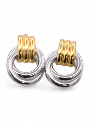 Pair of earrings with gold and silver rings on a white background