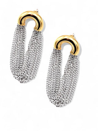 Pair of earrings with gold and silver design on a white background