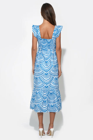 SADIE FLUTTER SLEEVE EMBROIDERY MIDI DRESS