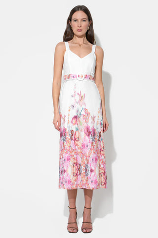 REMI V-NECK FLORAL PLACEMENT MIDI DRESS