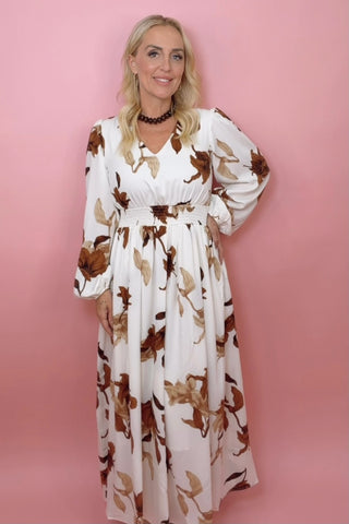 LONG SLEEVE WOVEN PRINT WAIST SMOCKED MAXI DRESS WITH POCKETS