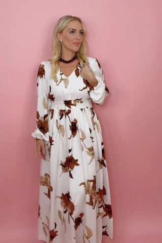 LONG SLEEVE WOVEN PRINT WAIST SMOCKED MAXI DRESS WITH POCKETS
