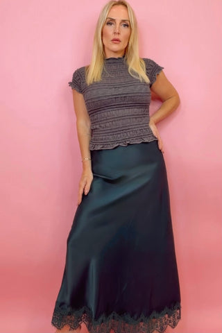 WOVEN SATIN MAXI SKIRT WITH LACE TRIM