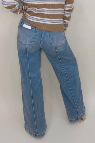 HIGH WAIST WIDE LEG PINTUCK DETAILED JEANS