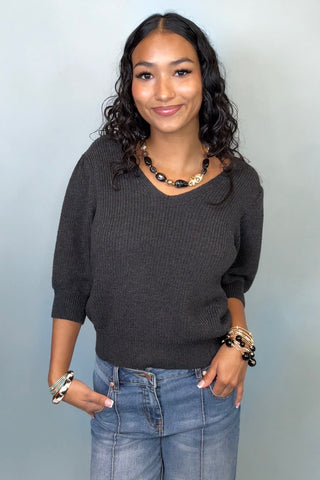 V-NECK WITH PUFF SLEEVE KNIT TOP