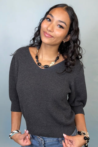 V-NECK WITH PUFF SLEEVE KNIT TOP