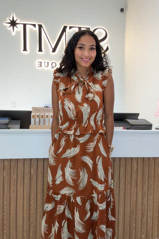 WOODLAND MUSE ABSTRACT TIERED MIDI DRESS