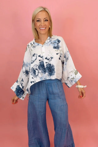 GARDENIA PRINT BUTTON DOWN PONCHO SLEEVE LINEN TOP