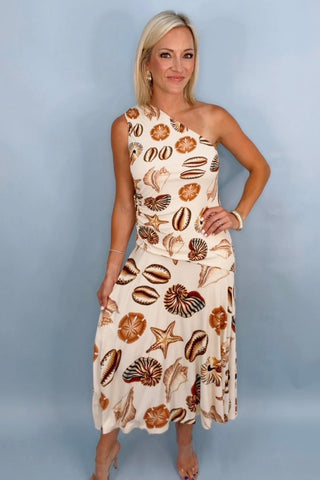 MARINE SHELLS SAND ONE SHOULDER MAXI DRESS