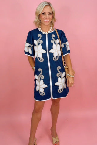 SHORT SLEEVE FLORAL EMBROIDERY DETAIL DRESS