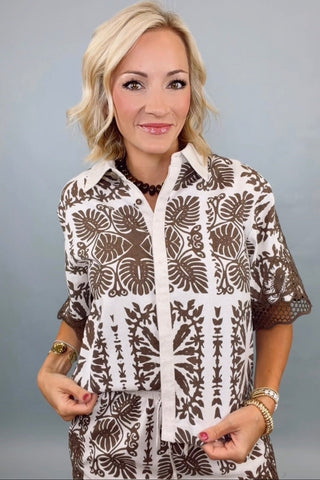 GEOMETRIC LEAF PRINT EMBROIDERED LACE TRIM TOP