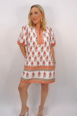 FLORAL BLOCK PRINT POPLIN MINI DRESS