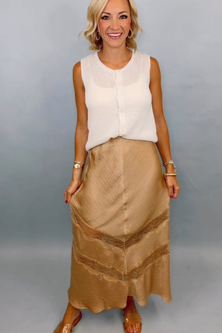 MOIRA LACE INSET SATIN MIDI SKIRT