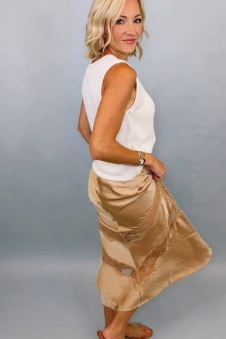MOIRA LACE INSET SATIN MIDI SKIRT