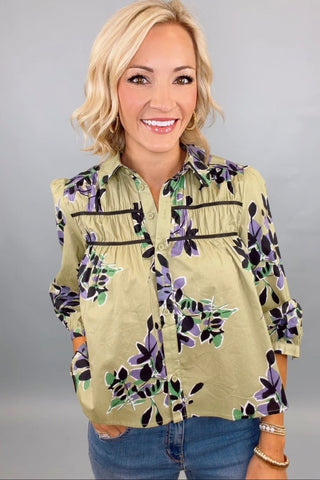 VERDANT LEAVES PINTUCK BLOUSE