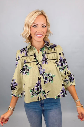 VERDANT LEAVES PINTUCK BLOUSE