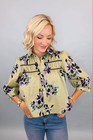 VERDANT LEAVES PINTUCK BLOUSE