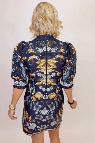 GOLDEN NATURE NAVY BLUE SHORT SLEEVE MINI DRESS