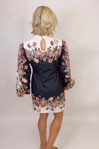 WINTER FLORAL CREAM LONG SLEEVE MINI DRESS