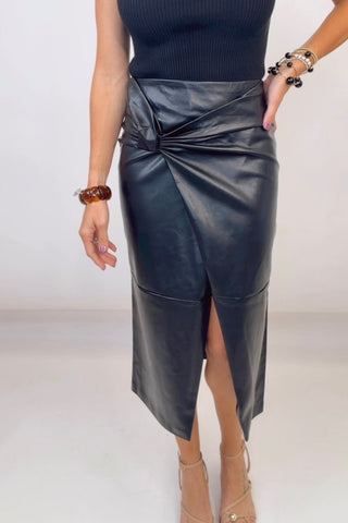MIDNIGHT KNOT FAUX LEATHER WRAP MIDI SKIRT