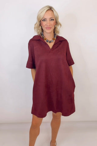 SHORT SLEEVE COLLARED SUEDE MINI DRESS WITH POCKETS