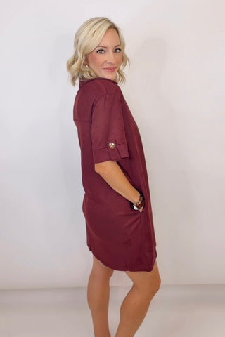 SHORT SLEEVE COLLARED SUEDE MINI DRESS WITH POCKETS