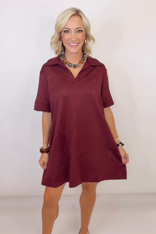 SHORT SLEEVE COLLARED SUEDE MINI DRESS WITH POCKETS