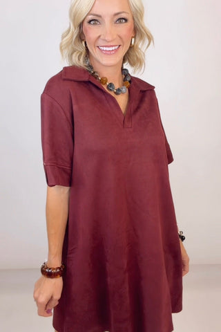 SHORT SLEEVE COLLARED SUEDE MINI DRESS WITH POCKETS