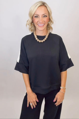 HALF SLEEVE SCUBA KNIT TOP WITH CONTRAST TAPE