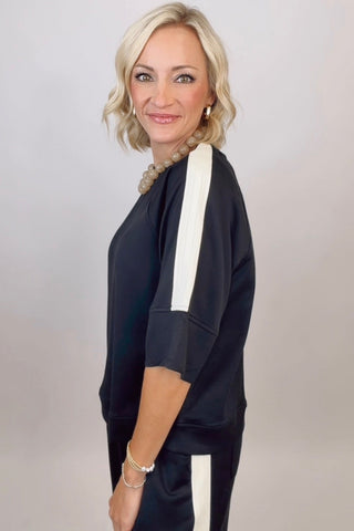 HALF SLEEVE SCUBA KNIT TOP WITH CONTRAST TAPE