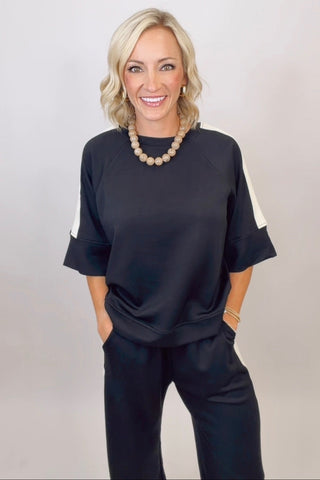 HALF SLEEVE SCUBA KNIT TOP WITH CONTRAST TAPE