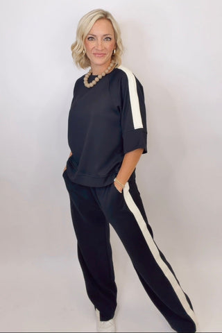 SCUBA KNIT LONG PANTS WITH ELASTIC WAIST BAND AND CONTRAST SIDE TAPE