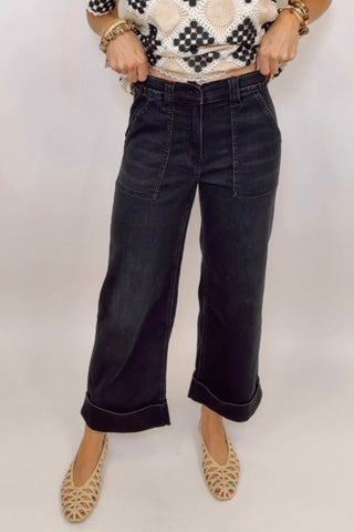 HIGH RISE ELASTIC CUFFED BAGGY WIDE JEANS