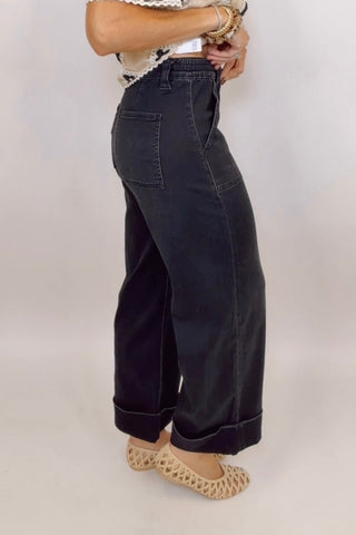 HIGH RISE ELASTIC CUFFED BAGGY WIDE JEANS