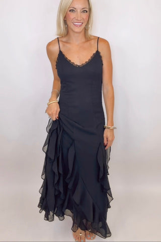 MIDNIGHT ROMANCE CASCADING RUFFLE MAXI DRESS
