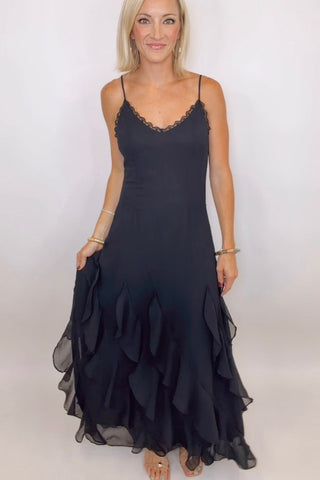 MIDNIGHT ROMANCE CASCADING RUFFLE MAXI DRESS