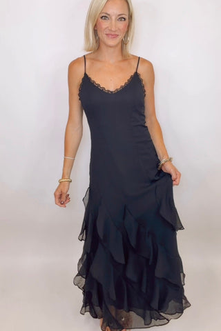 MIDNIGHT ROMANCE CASCADING RUFFLE MAXI DRESS