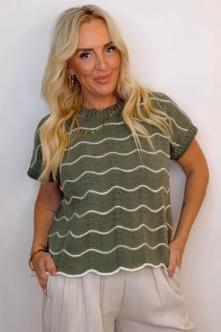 DROP SHORT SLEEVE SCALLOP STRIPED PATTERN KNIT SWEATER TOP